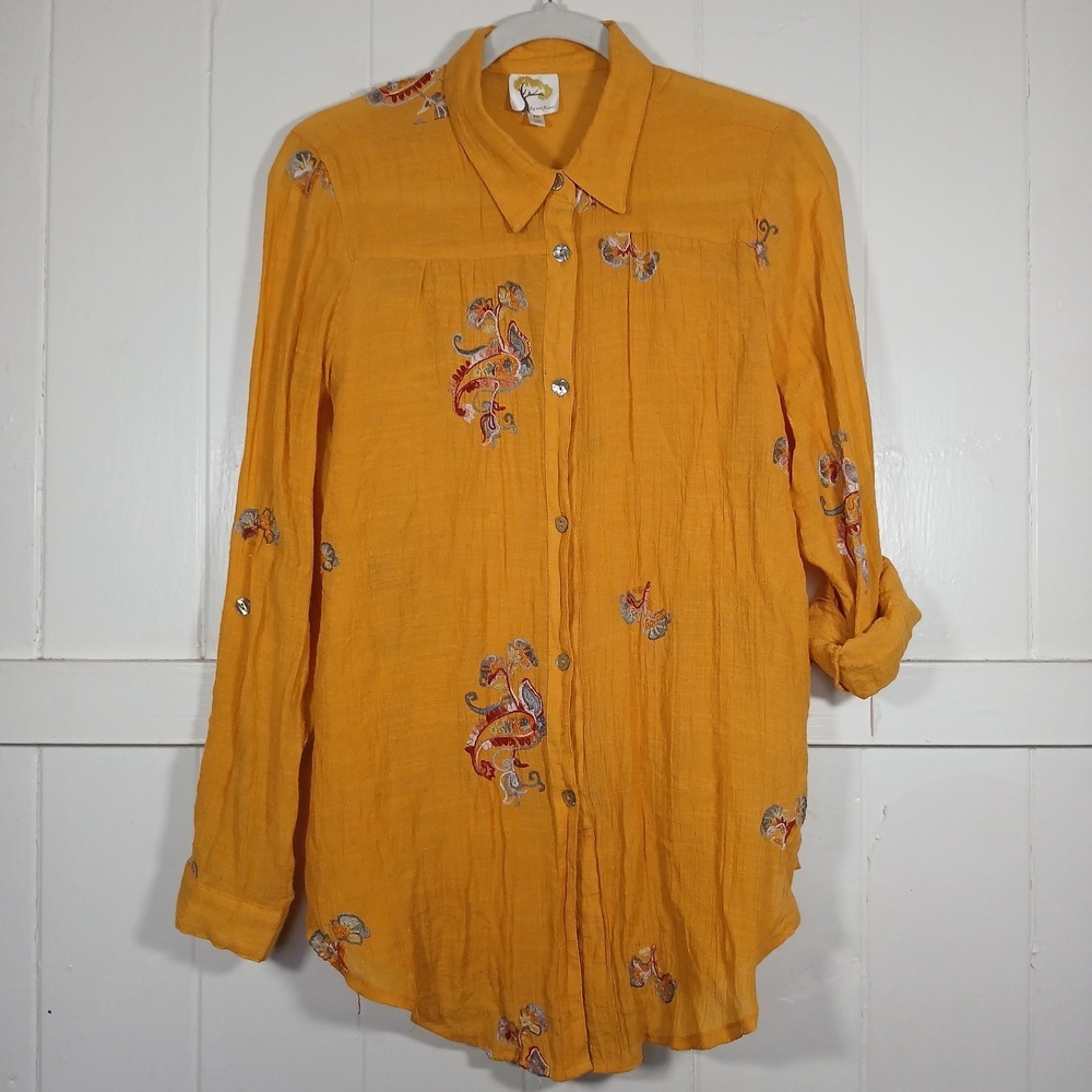Fig and Flower Roll Tab Embroidered Button Shirt Top Womens‎ Medium Boho